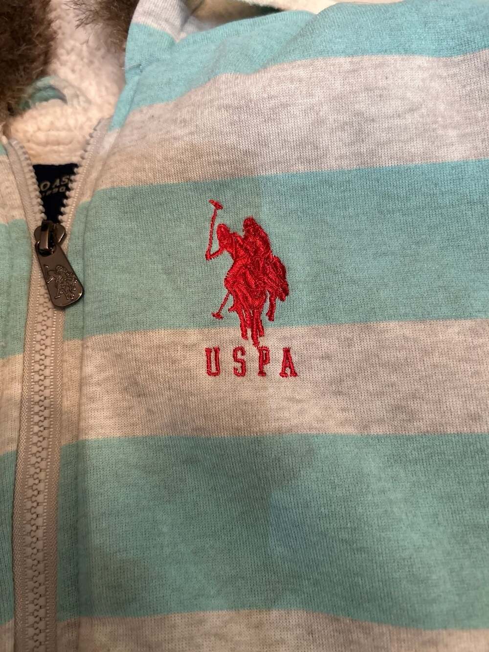 U.S. Polo Assn. Striped Sherpa Lined Zip Up Hoodie with Faux Fur Trim - Picture 2 of 3